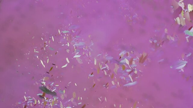 Real time optical anisotropy microscopy showing ultra thin structureless crystal blades drifting in fluid suspension under critical focus limitation inside pink liquid science laboratory background