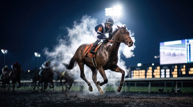 Jockey riding a thoroughbred horse in a night race under bright floodlights on a dirt track, capturing high-speed drama and intense competition for sports betting and gambling marketing.