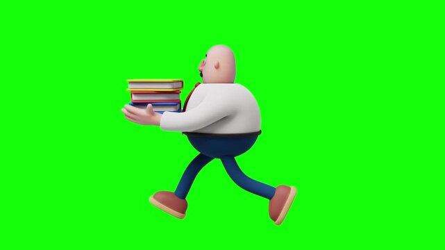 3D cartoon businessman carrying a stack of books, side view, on green background.