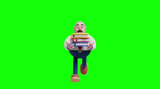 3D cartoon businessman carrying a stack of colorful books, front view, on a green background.