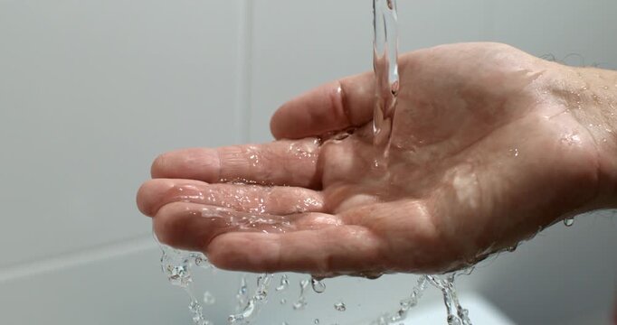 A stream of water lands softly on an open hand, evoking vulnerability, acceptance and rebirth. Cinematic slow motion captures the delicate interaction between skin, water and emotion.
