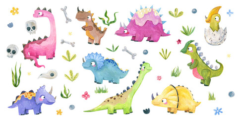 Watercolor cute dinosaurs clipart set funny colorful dino characters baby dinosaur egg bones skulls and leaves collection isolated on white background © Ilona