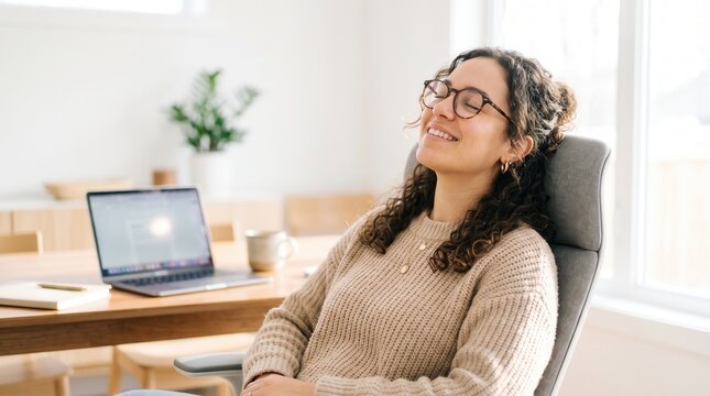 Young woman resting in ergonomic chair in home office, capturing peaceful relaxation and mental health wellness break for remote work lifestyle, workplace ergonomics, and business marketing.