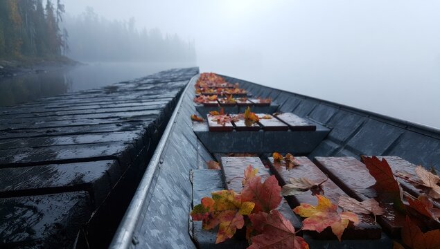 Fallen autumn leaves inside boat on misty water