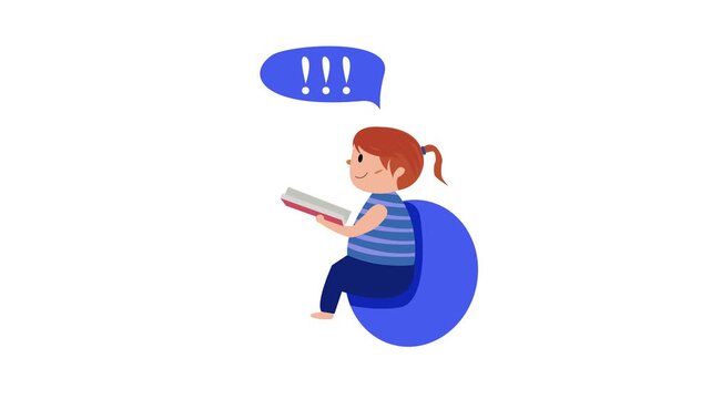 reading, book, girl, child, speech bubble, exclamation mark, animation, cartoon, learning, education, studying, student, school, intelligence, knowledge, cute, character, graphic, design, vector, illu