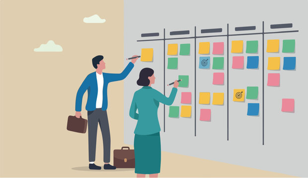 Business brainstorming meeting set target get solution to solve problem or scrum agile method concept, businessman and woman coworkers, colleagues holding pencil with sticky notes on the wall