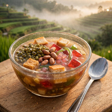 Traditional Sekoteng Warm Ginger Drink From Central Java With Mung Beans Peanuts Bread Cubes And Jelly In Glass Bowl