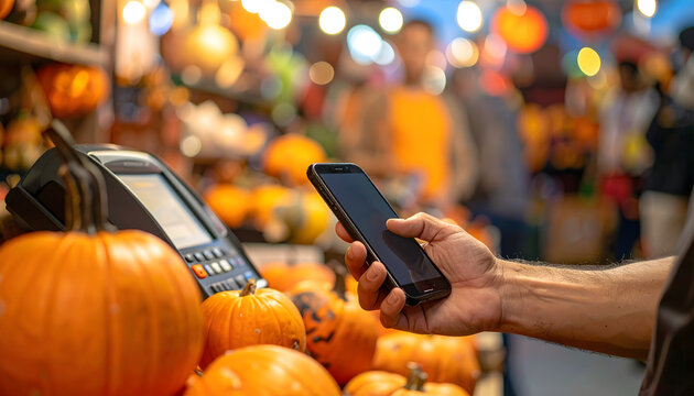 Photorealistic Halloween market scene featuring contactless payment, shopping and festive retail.