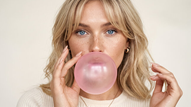 Close-up portrait of a gorgeous young blonde woman with striking blue eyes and freckles, blowing a large pink bubble gum bubble. 