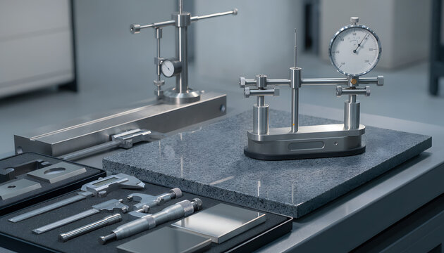 Precision measuring instruments and calibrated tools arranged for industrial quality check