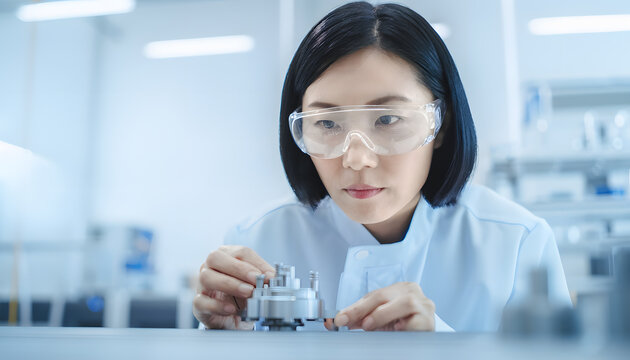 Professional engineer inspecting a precision mechanical component in a modern industrial factory.