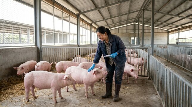 Farm worker patting pigs in a pigpen inside a barn