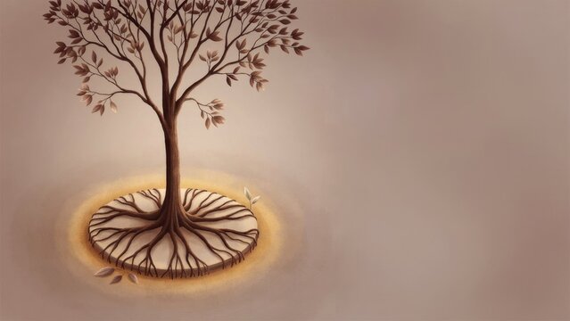 Minimalist illustration of a tree with an intricate circular root system standing on a glowing platform