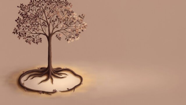 Minimalist illustration of a tree with circular glowing roots on a clean warm background symbolizing growth and unity