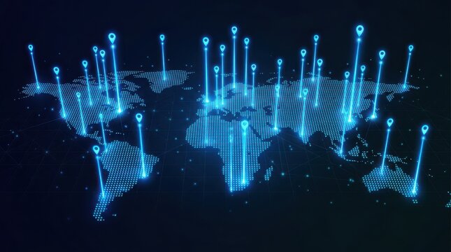 Digital world map with glowing blue location pins showing global connectivity and data network points on a dark background
