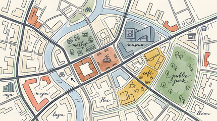 Obraz premium Hand drawn city walking map with park museum and market locations