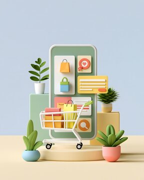 Mobile shopping experience with smartphone displaying curated products, shopping cart and personalized recommendations, modern lifestyle setting, bright premium ecommerce advertising aesthetic