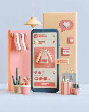 Social commerce advertising concept with smartphone displaying a shoppable social post, product image, promotional offer and interactive purchase button, clean premium marketing composition