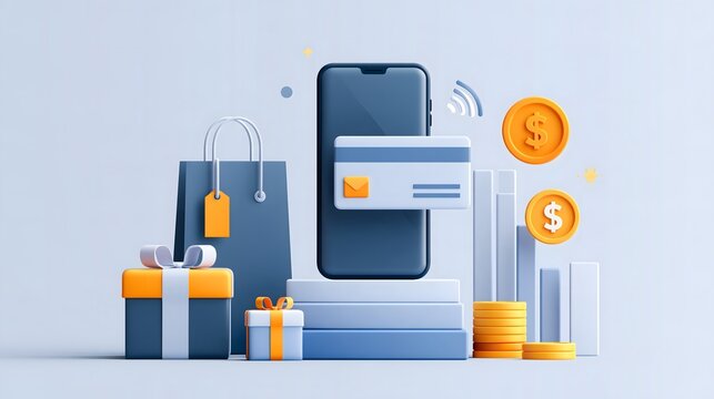 Q4 ecommerce payment concept with smartphone checkout, digital wallet, contactless payment, shopping packages and financial transaction visualization, modern holiday commerce technology scene