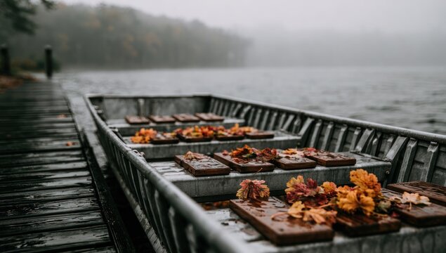 Old metal rowboat with autumn leaves on misty lake