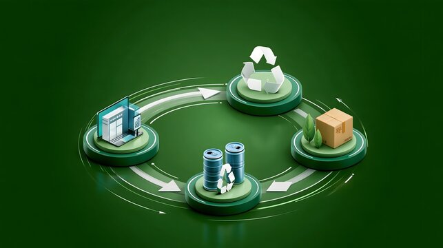 Circular economy concept showing products moving through reuse, recycling, remanufacturing and redistribution stages, clean circular workflow with modern business visualization