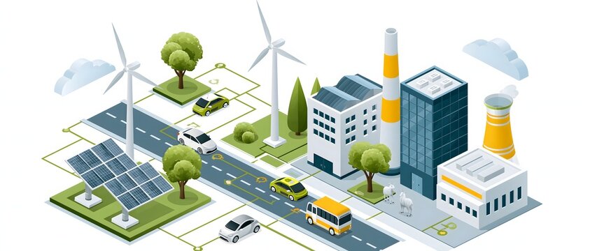 Renewable energy business concept with solar panels, wind turbines, electric transportation and sustainable industrial facilities connected through a smart energy network, futuristic commercial