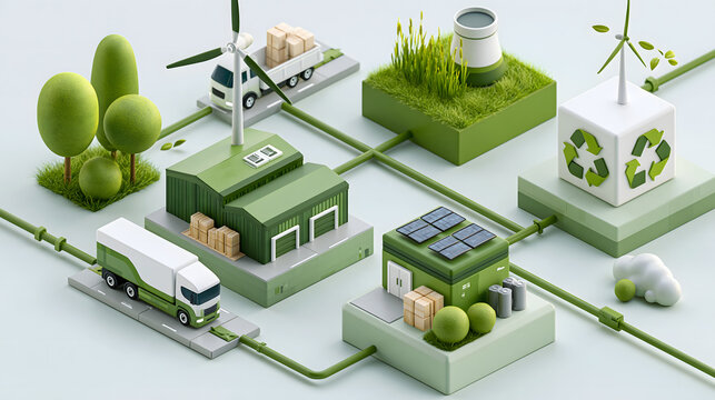 Sustainable supply chain visualization with green warehouses, electric transportation, renewable energy and interconnected logistics routes, modern global business ecosystem, sophisticated 3D