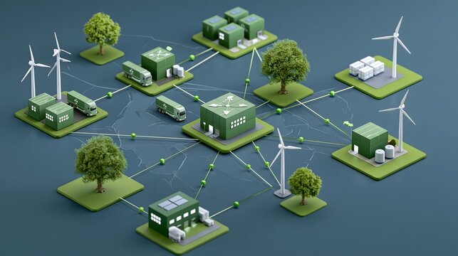 Sustainable supply chain visualization with green warehouses, electric transportation, renewable energy and interconnected logistics routes, modern global business ecosystem, sophisticated 3D