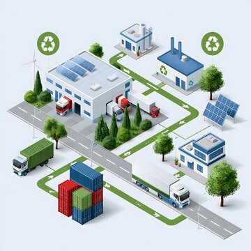 Isometric 3D sustainable logistics ecosystem featuring warehouse, electric trucks, cargo containers, solar panels, recycling facilities and interconnected green transportation routes, clean