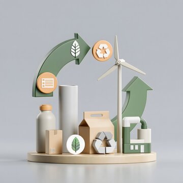 3D circular economy business concept with recyclable products, circular arrows, renewable energy icons, reusable packaging and sustainable manufacturing elements, polished modern commercial design
