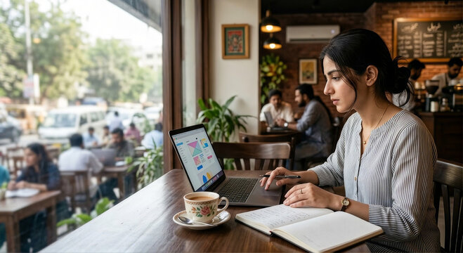 Young woman working on a laptop and taking notes in a cozy cafe.