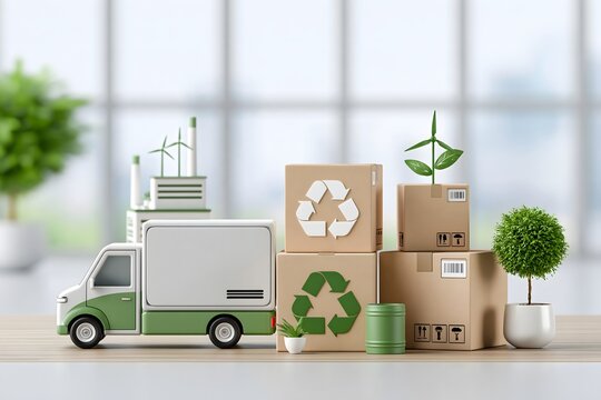 Sustainable e-commerce logistics concept with recyclable shipping boxes, electric delivery vehicles, smart fulfillment center and carbon reduction technology, modern online retail ecosystem