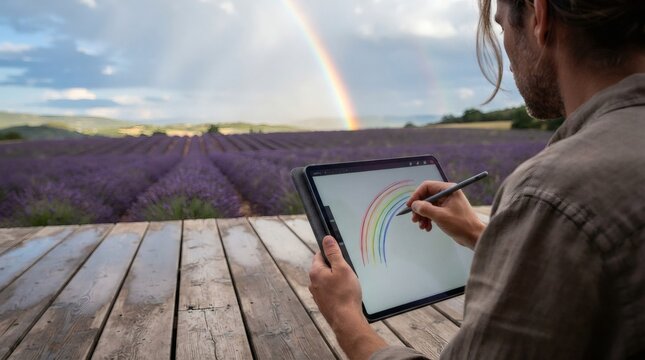 Creative artist drawing a rainbow on a digital tablet in a lavender field