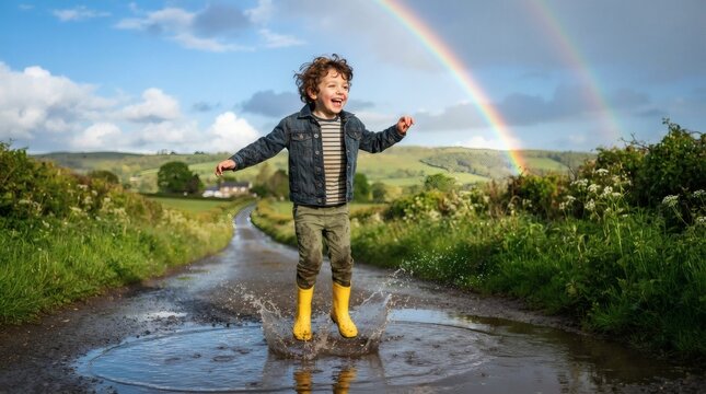 Excited young boy jumping in muddy puddle under a vibrant rainbow outdoors