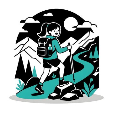 Woman hiking in the mountains with backpack and trekking poles
