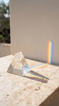 Glass prism refracting sunlight into a colorful rainbow spectrum on a wall