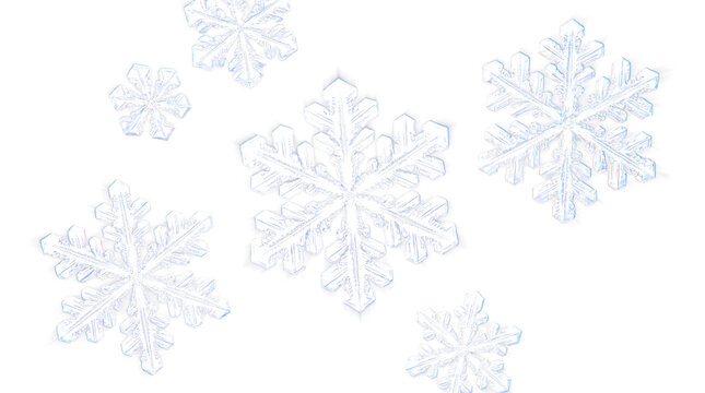 Realistic 3D crystal snowflakes isolated on transparent background for winter design