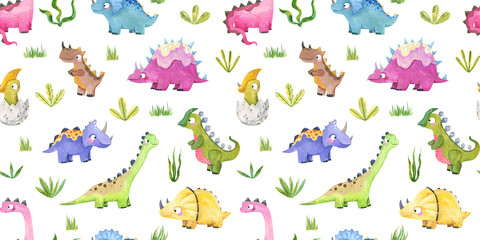 Watercolor cute dinosaurs and prehistoric plants seamless pattern isolated on white background © Ilona