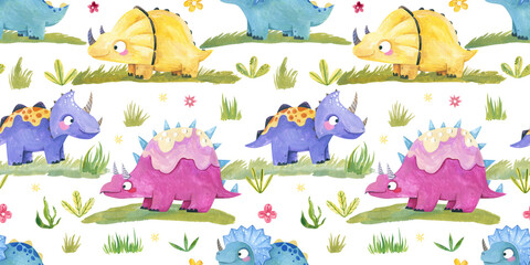 Watercolor seamless pattern with cute cartoon dinosaurs on green grass isolated on white background © Ilona