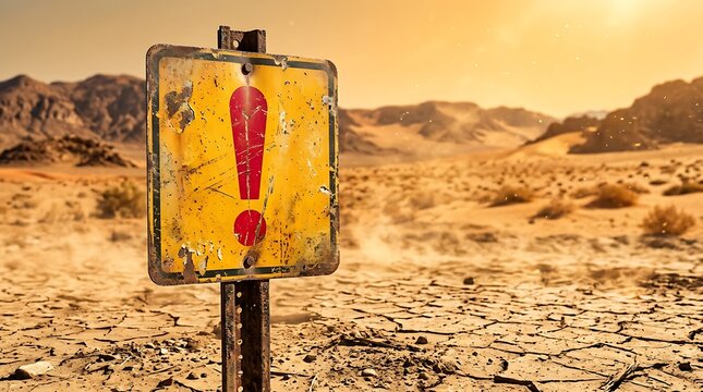 A weathered, rusted yellow warning sign with a red exclamation mark stands in the middle of a barren, cracked, and desolate desert landscape under a hazy, sunlit sky