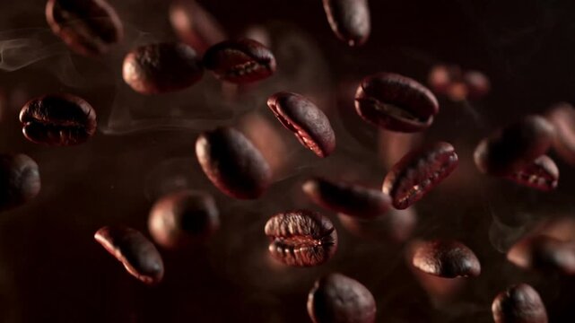 Freshly roasted coffee beans flying in dramatic slow motion close up in 4K for coffee brand commercials roastery promos and cafe advertising