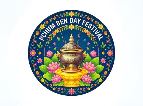 Colorful Illustration Of Pchum Ben Festival Ceremonial Pot With Flowers