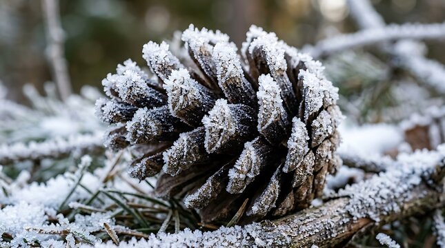 Closeup of a pine cone covered in frost and ice crystals resting on a snowy forest floor during a cold winter day in nature