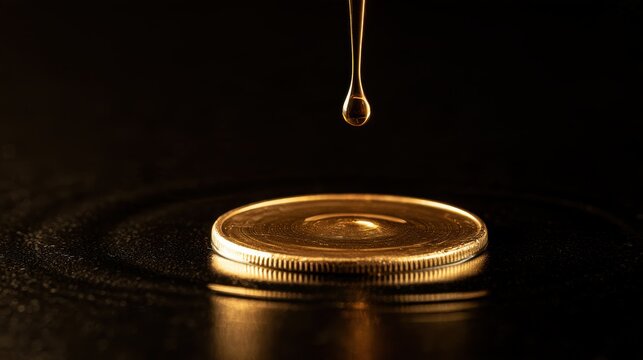 Drop of oil falling on a gold coin, dark surface, dramatic lighting