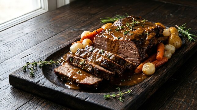 Roasted beef brisket sliced and served with cooked vegetables on a rustic dark wooden cutting board. braised brisket