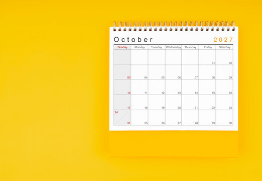 October desk calendar for 2027 year. Blank calendar for your appointment or reminder.