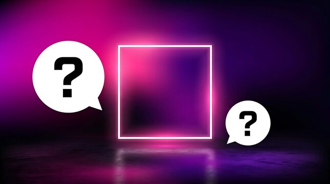 Neon glowing square frame on a dark purple background with two speech bubbles containing question marks, representing a creative concept for questions and answers