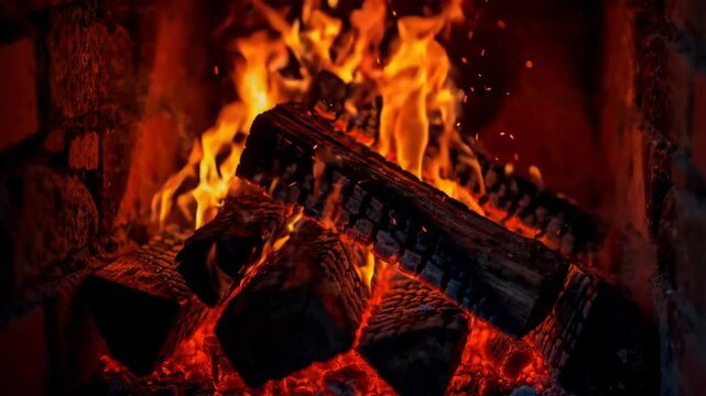 Cozy stone fireplace with crackling flames and glowing embers for winter videos Christmas streams meditation and relaxing ambience videos