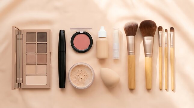 Set of makeup brushes and cosmetic eyeshadow palette with beauty products on a soft beige background. beginner makeup kit
