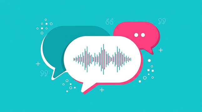 Abstract speech bubbles with sound wave visualization, digital communication concept, podcast or audio message design element on a teal background
